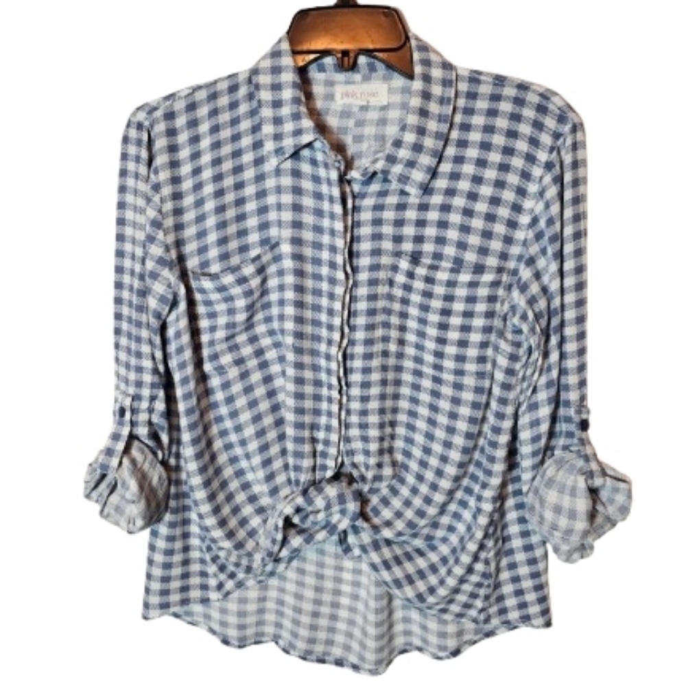 Pink Rose Blue and White Checkered Button-Up Shirt Womens Size Small